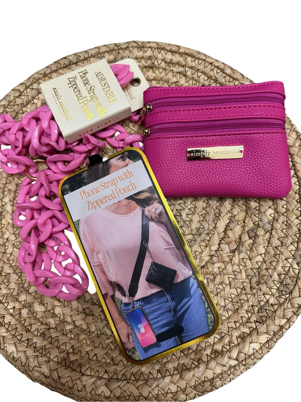 Simply Southern Pink Phone Strap Chain with Hot Pink Zippered Pouch